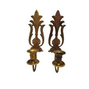 Vintage MCM Solid Brass French Regency Floral Wall Sconce Candle Holder set of 2